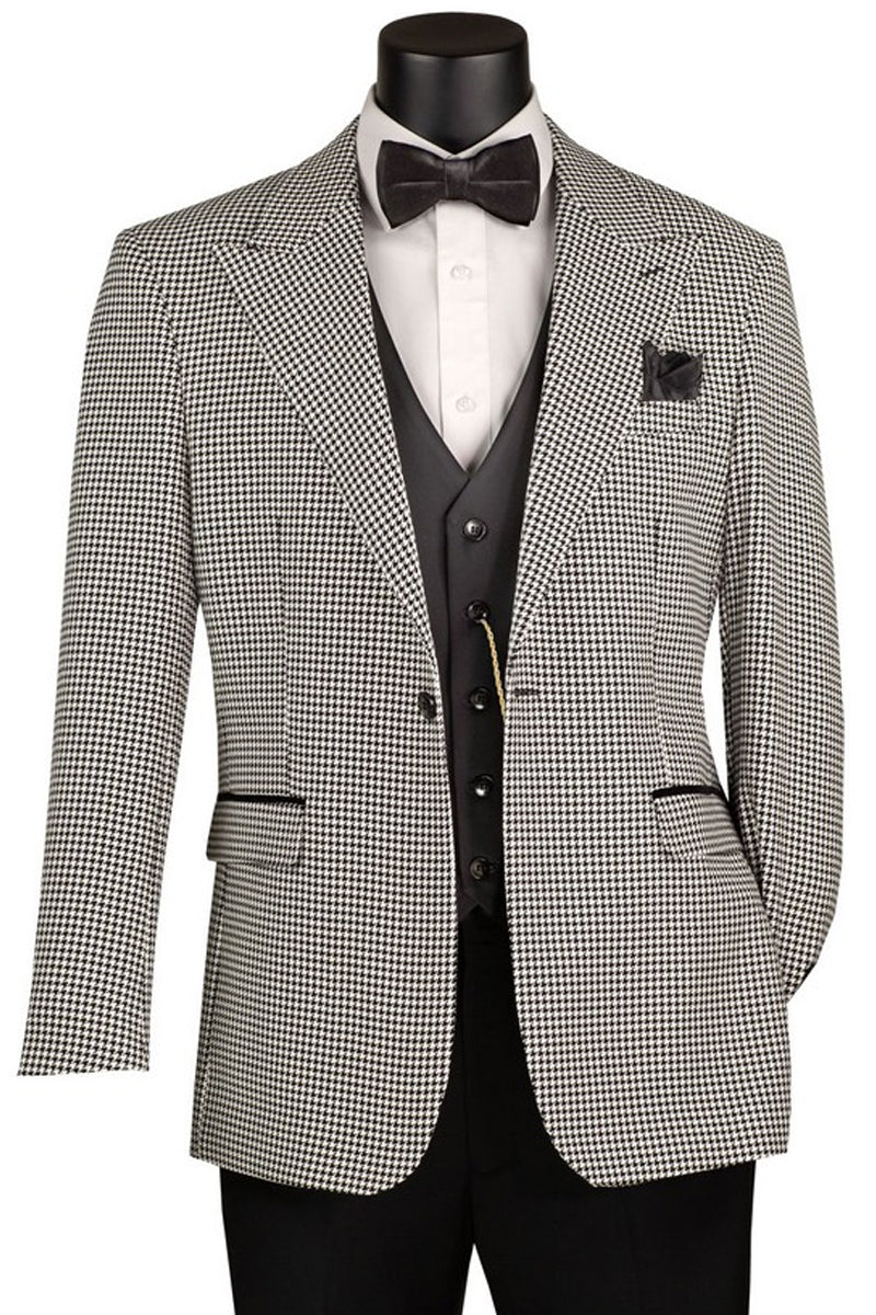 Men's One Button Peak Lapel Black & White Houndstooth Blazer Suit