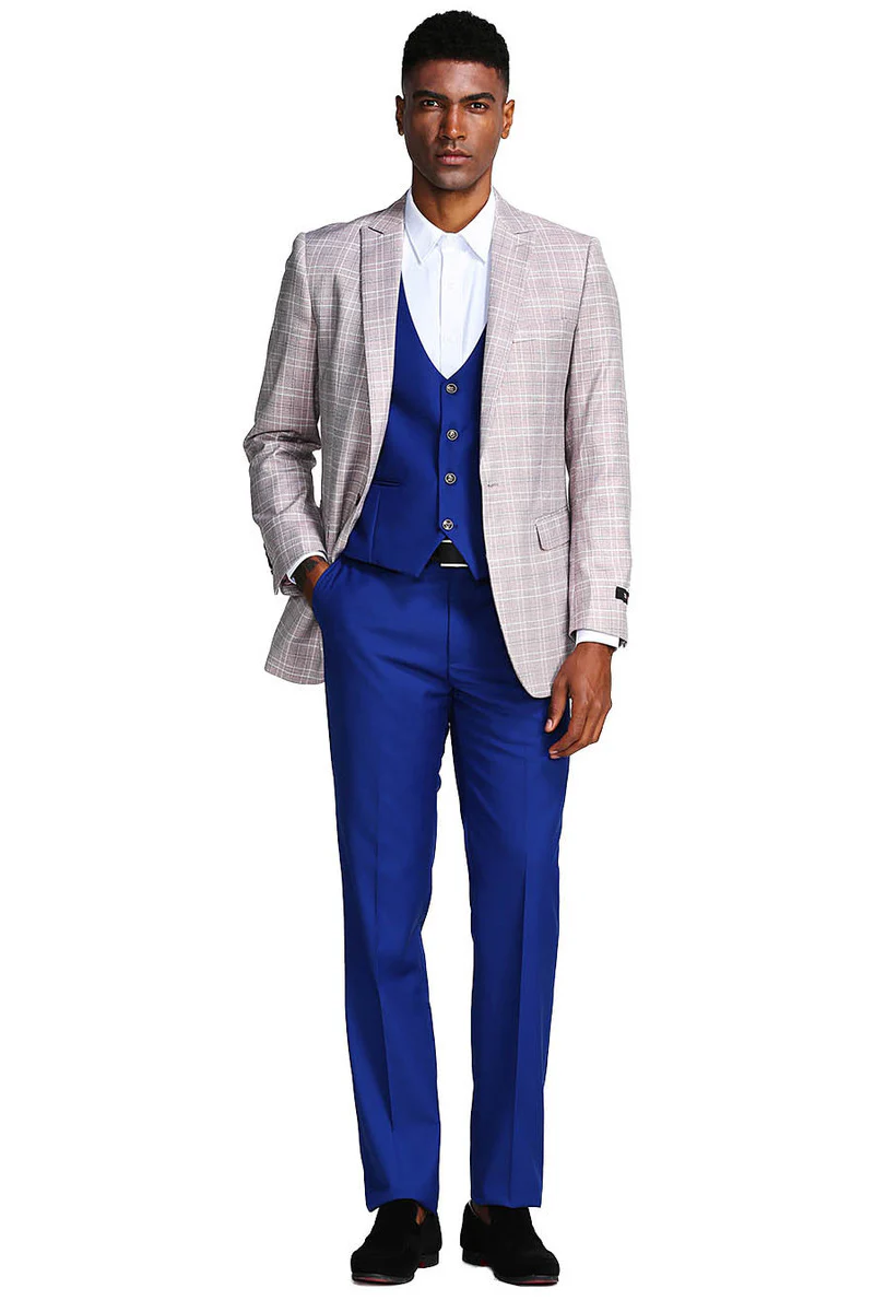 Men's One Button Peak Lapel Grey & Blue Glen Plaid Suit with Double Breasted Vest - Image 2