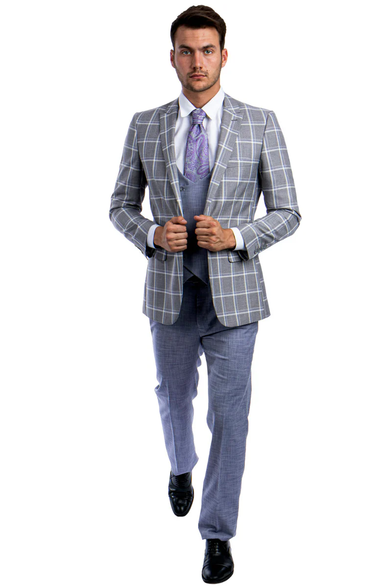 Men's One Button Peak Lapel Grey & Blue Windowpane Plaid Suit with Double Breasted Vest - Image 2