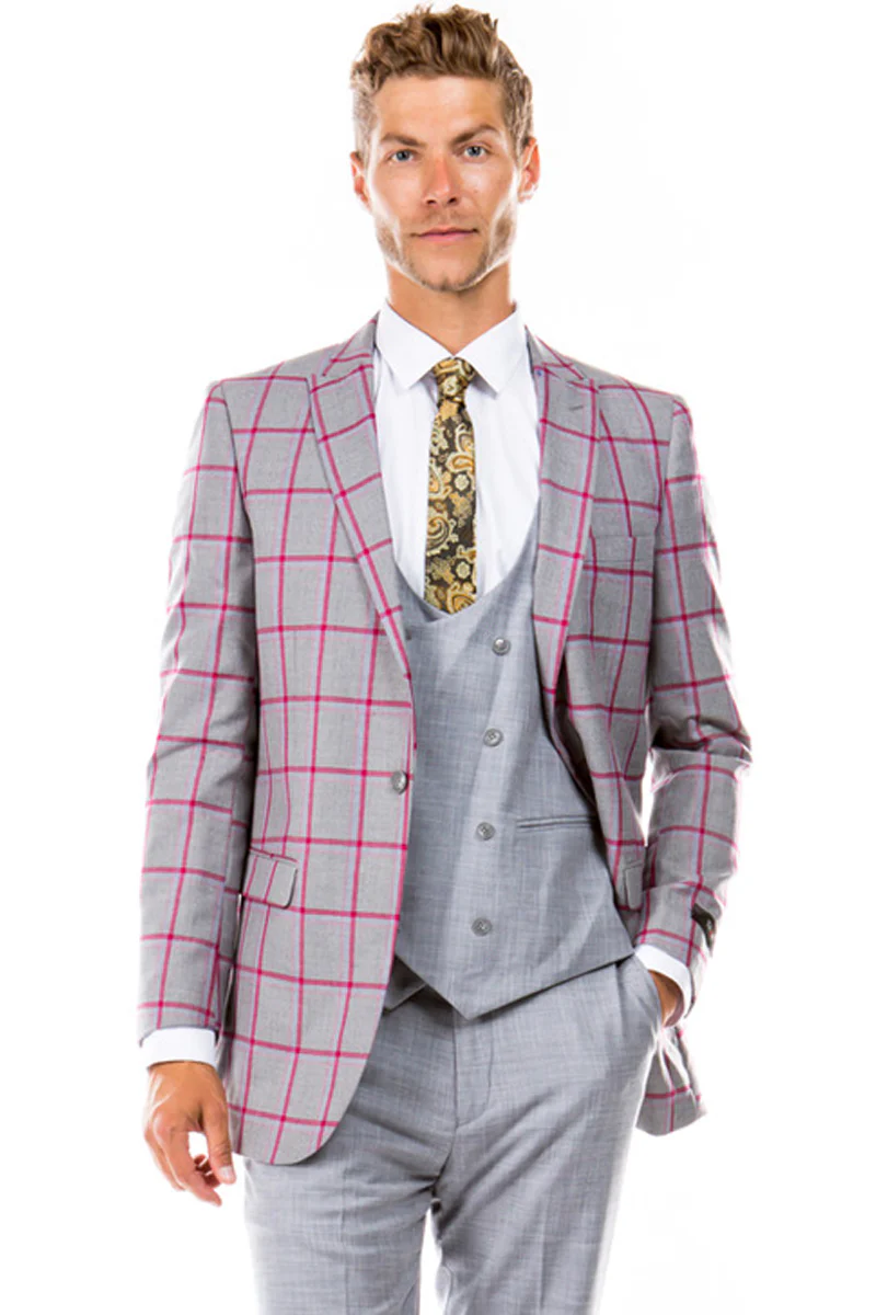 Men's One Button Peak Lapel Grey & Red Windowpane Plaid Suit with Double Breasted Vest