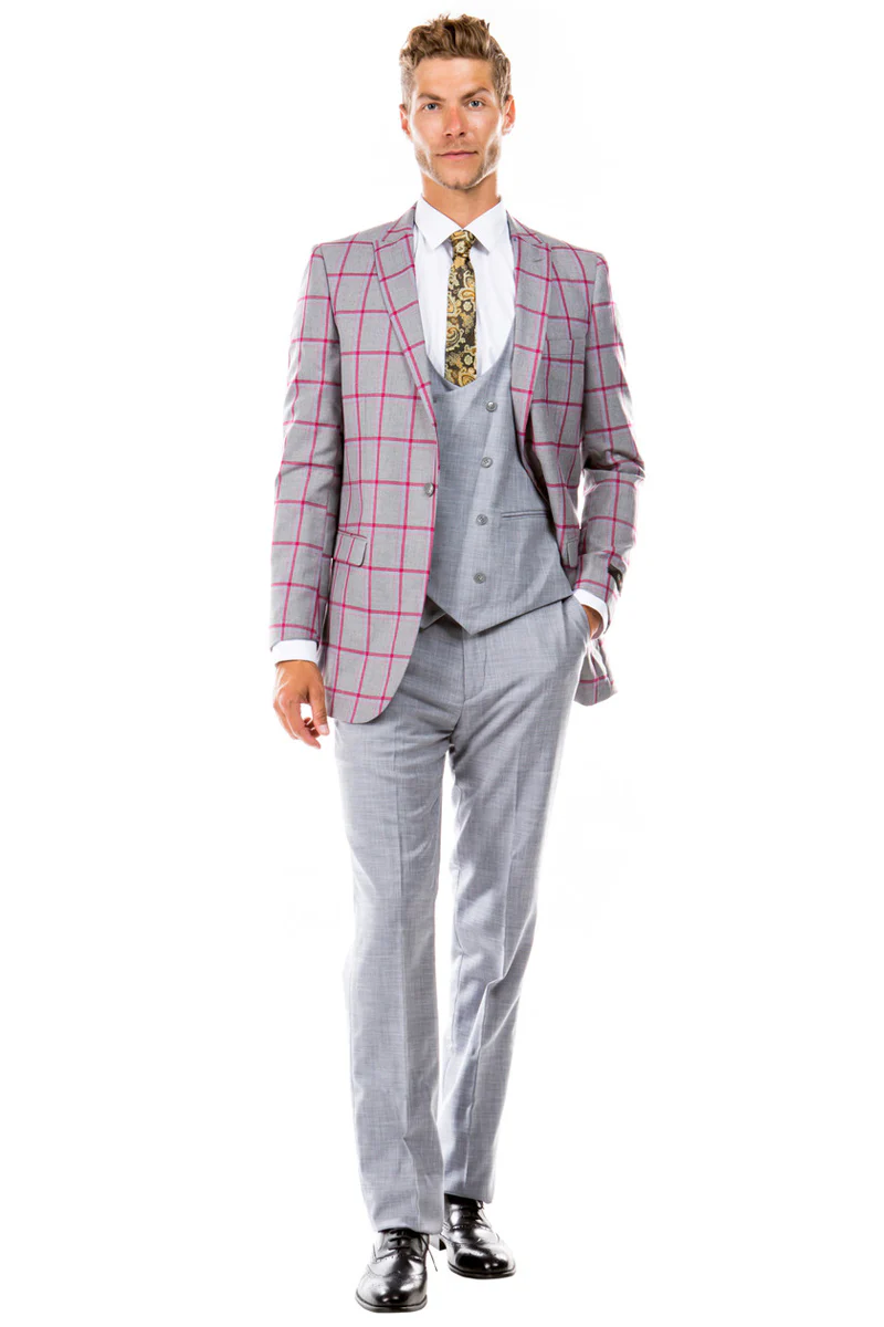 Men's One Button Peak Lapel Grey & Red Windowpane Plaid Suit with Double Breasted Vest - Image 2