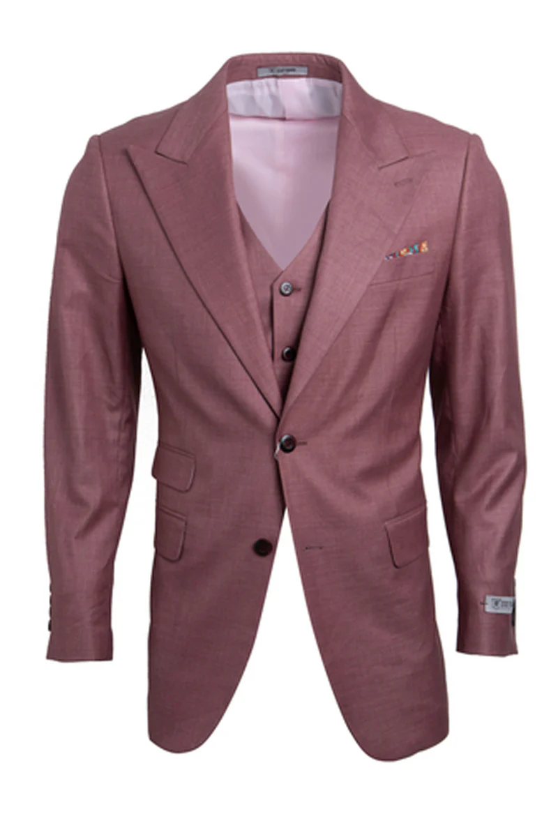 Men's One Button Peak Lapel Vested Stacy Adams Sharkskin Suit in Salmon Pink - Image 2