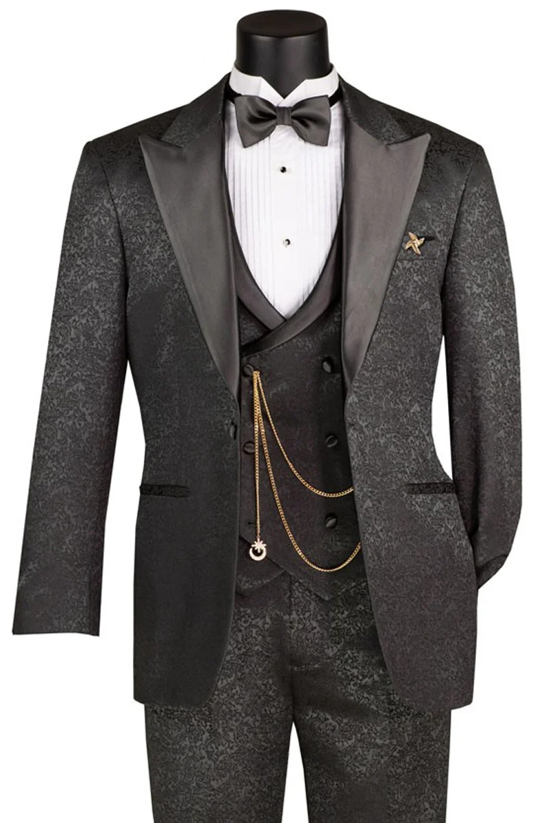 Men's One Button Peak Lapel Wedding & Prom Tuxedo with Satin Scoop Vest in Black Paisley