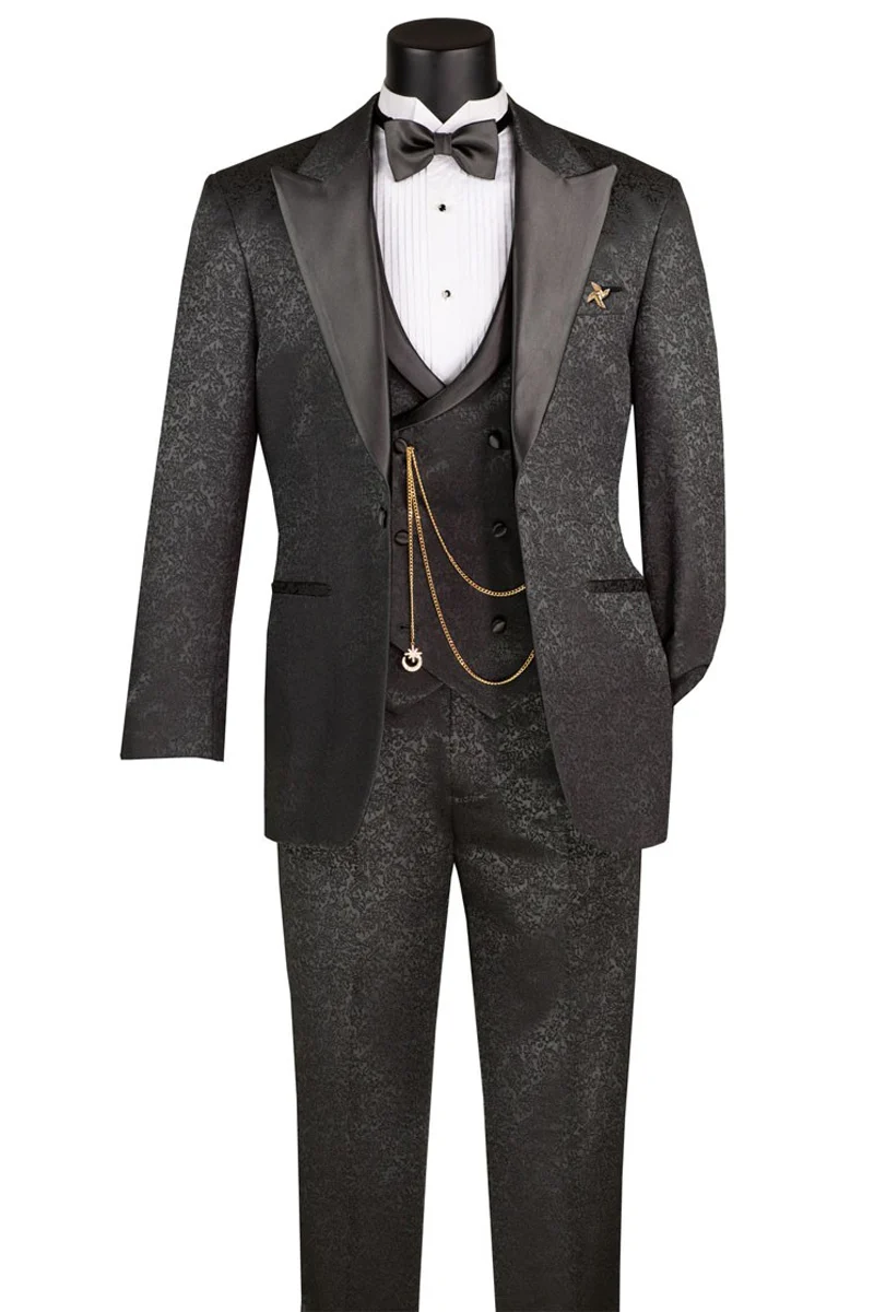 Men's One Button Peak Lapel Wedding & Prom Tuxedo with Satin Scoop Vest in Black Paisley - Image 2