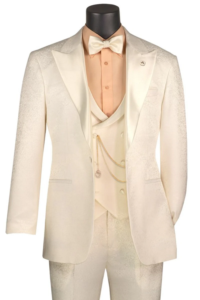 Men's One Button Peak Lapel Wedding & Prom Tuxedo with Satin Scoop Vest in Ivory Paisley