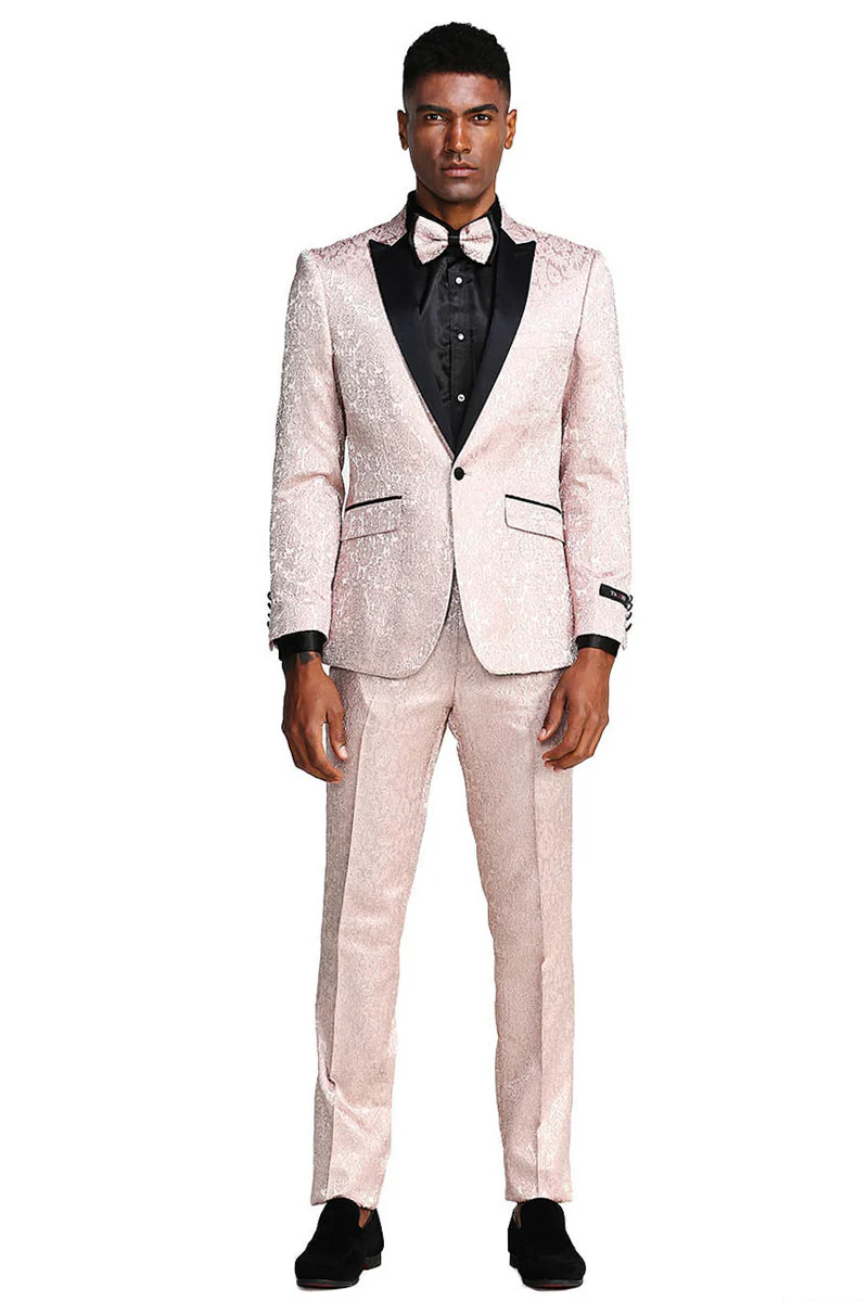 Men's One Button Slim Fit Paisley Wedding & Prom Tuxedo in Blush Pink - Image 2
