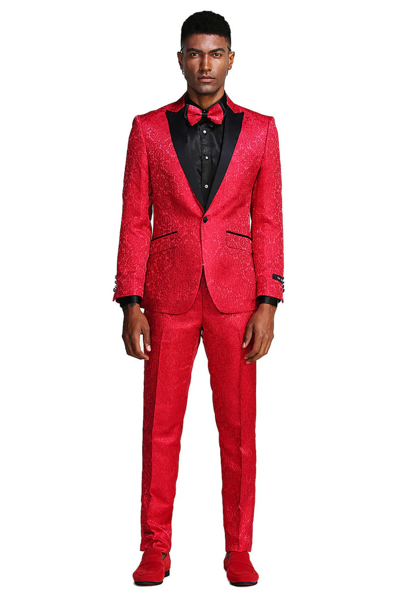 Men's One Button Slim Fit Paisley Wedding & Prom Tuxedo in Red - Image 2