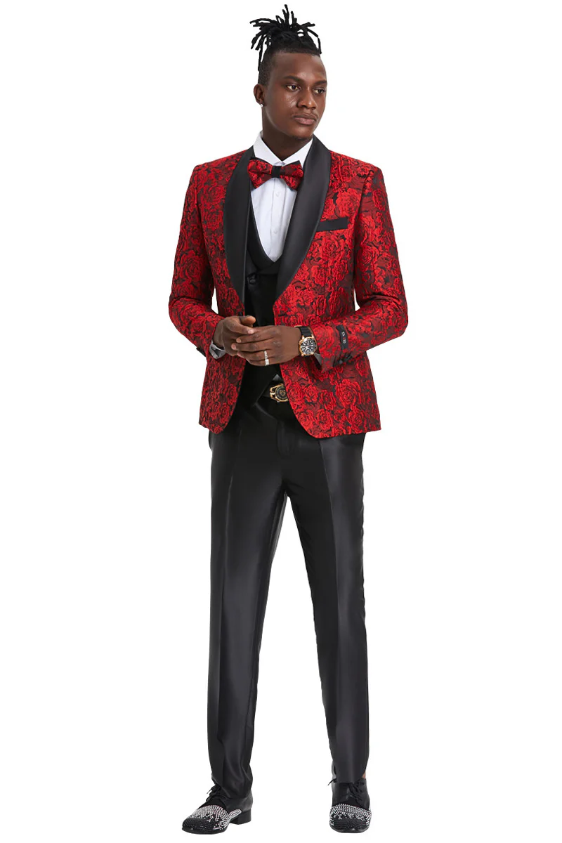 Men's One Button Slim Fit Shiny Paisley Floral Vested Prom Tuxedo in Red - Image 2