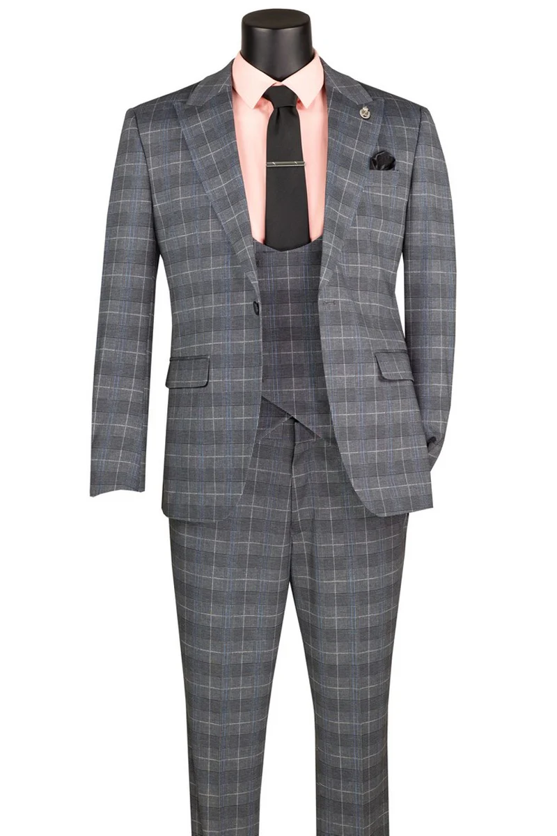 Men's One Button Slim Fit Stretch Suit with Scoop Vest in Grey Windowpane Plaid - Image 2