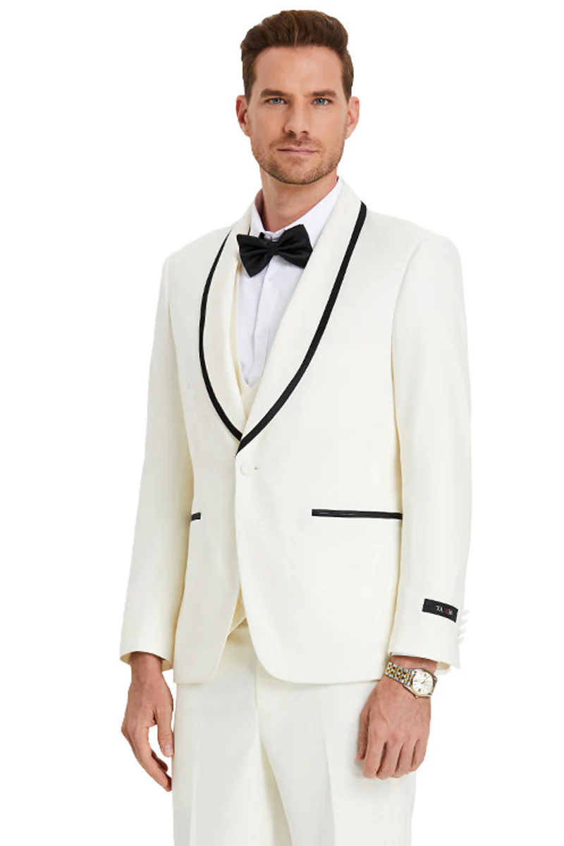 Men's One Button Vested Shawl Tuxedo in Ivory Birdseye with Black Satin Trim