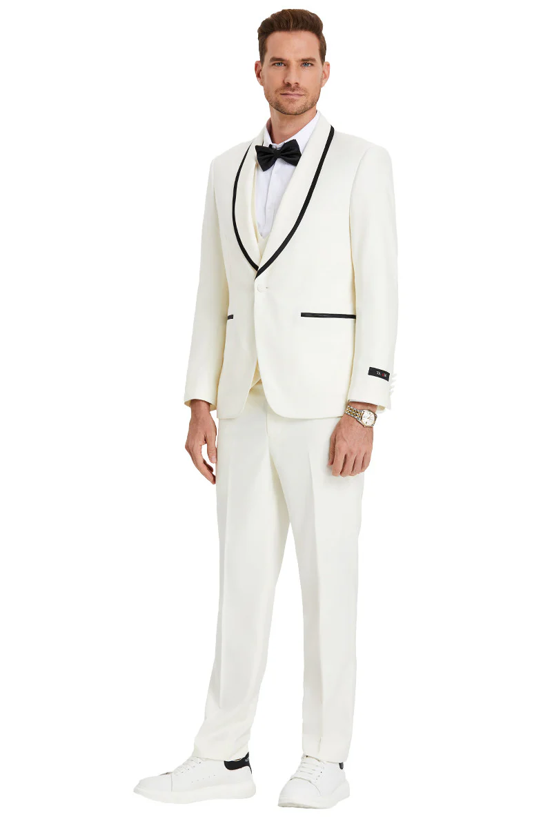 Men's One Button Vested Shawl Tuxedo in Ivory Birdseye with Black Satin Trim - Image 2