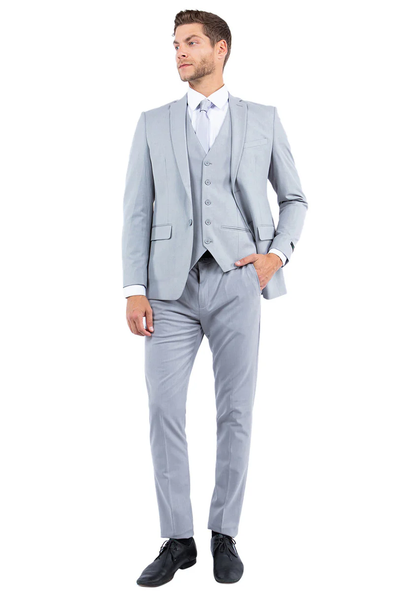 Men's One Button Vested Slim Fit Business & Wedding Suit in Light Grey - Image 2