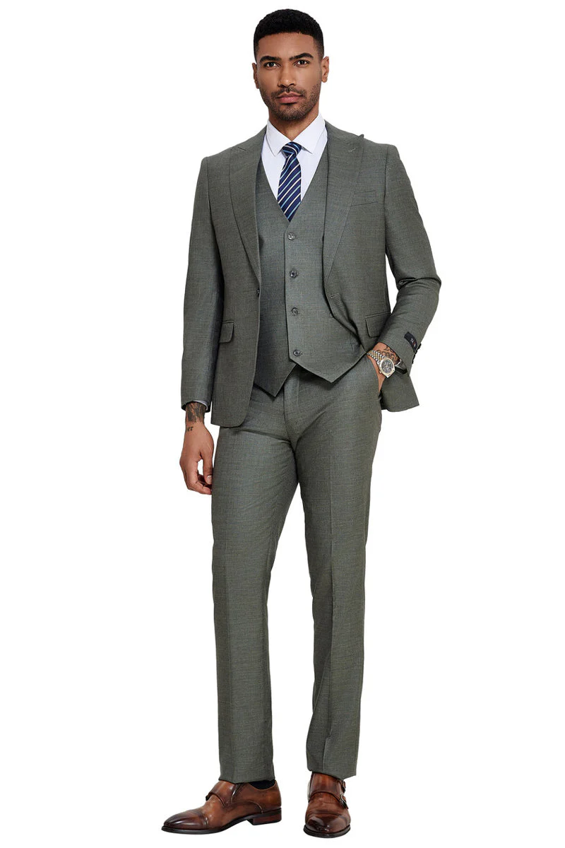 Men's One Button Wide Peak Lapel Vested Slim Fit Suit in Sage Green - Image 2