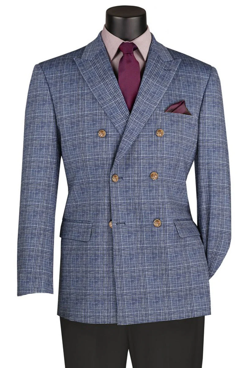 Men's Regular Fit Double Breasted Stretch Sport Coat in Blue Windowpane Plaid