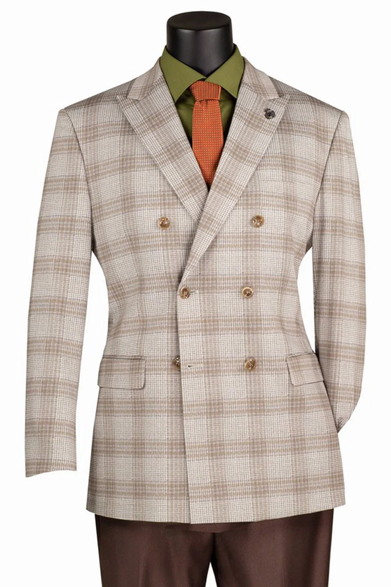 Men's Regular Fit Double Breasted Stretch Sport Coat in Tan Windowpane Plaid