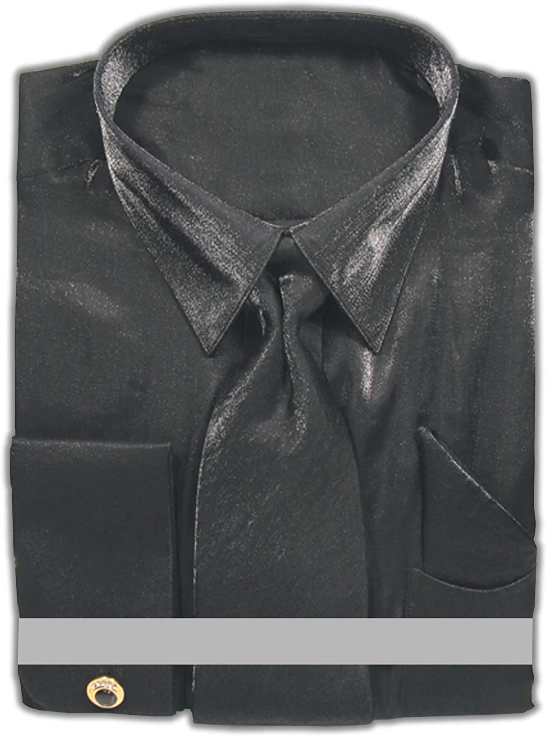 Men's Shiny Metallic Velvet Dress Shirt & Tie Set in Black
