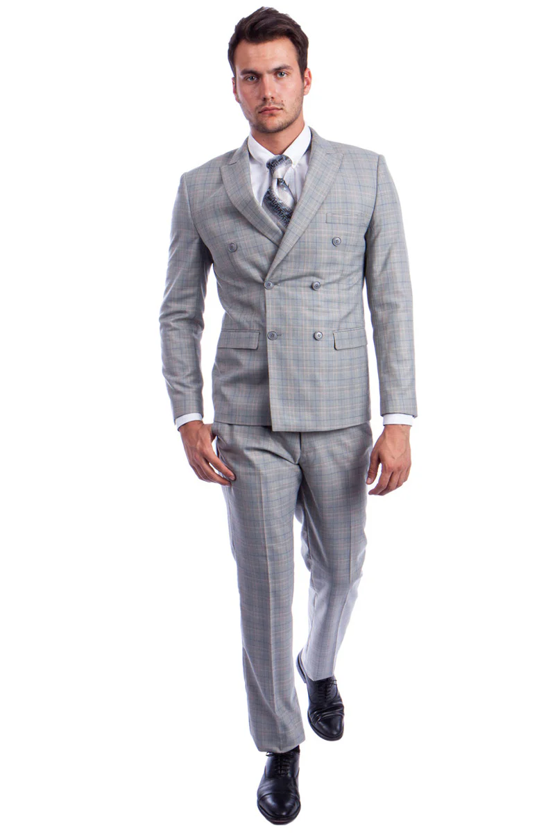 Men's Slim Fit Double Breasted Glen Plaid Suit in Light Grey - Image 2
