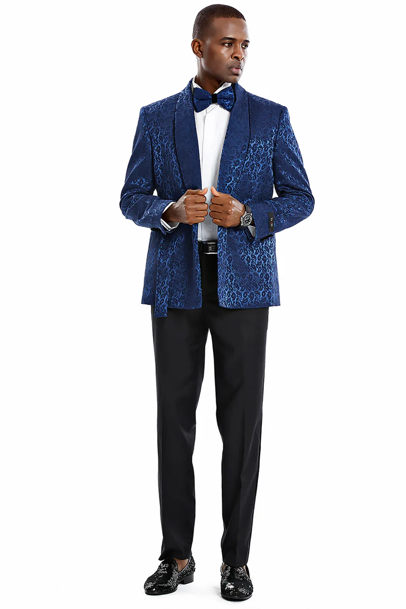 Men's Slim Fit Double Breasted Smoking Jacket Prom & Wedding Tuxedo in Navy Blue Paisley - Image 2