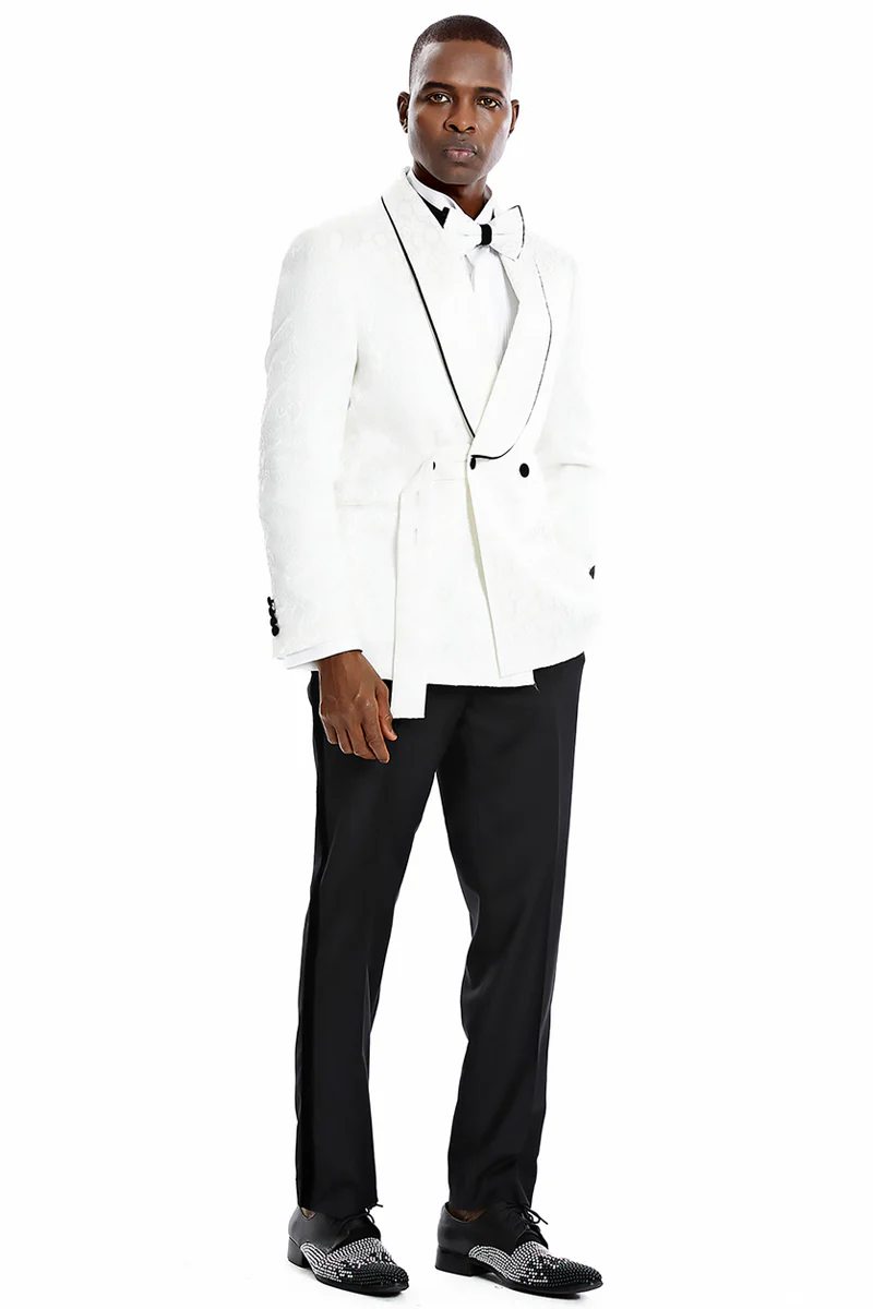 Men's Slim Fit Double Breasted Smoking Jacket Prom & Wedding Tuxedo in White Paisley - Image 2