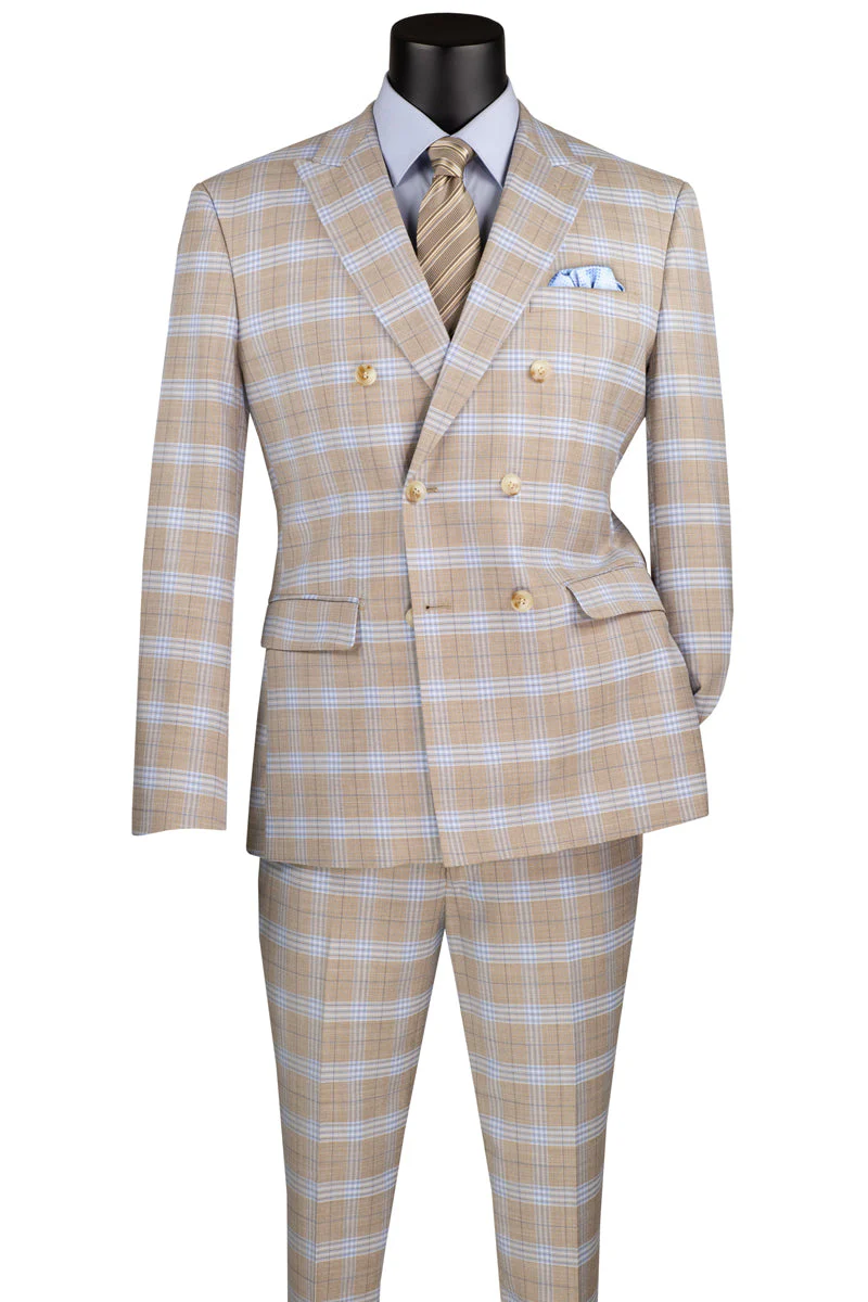 Men's Slim Fit Double Breasted Suit in Tan Windowpane Plaid - Image 2