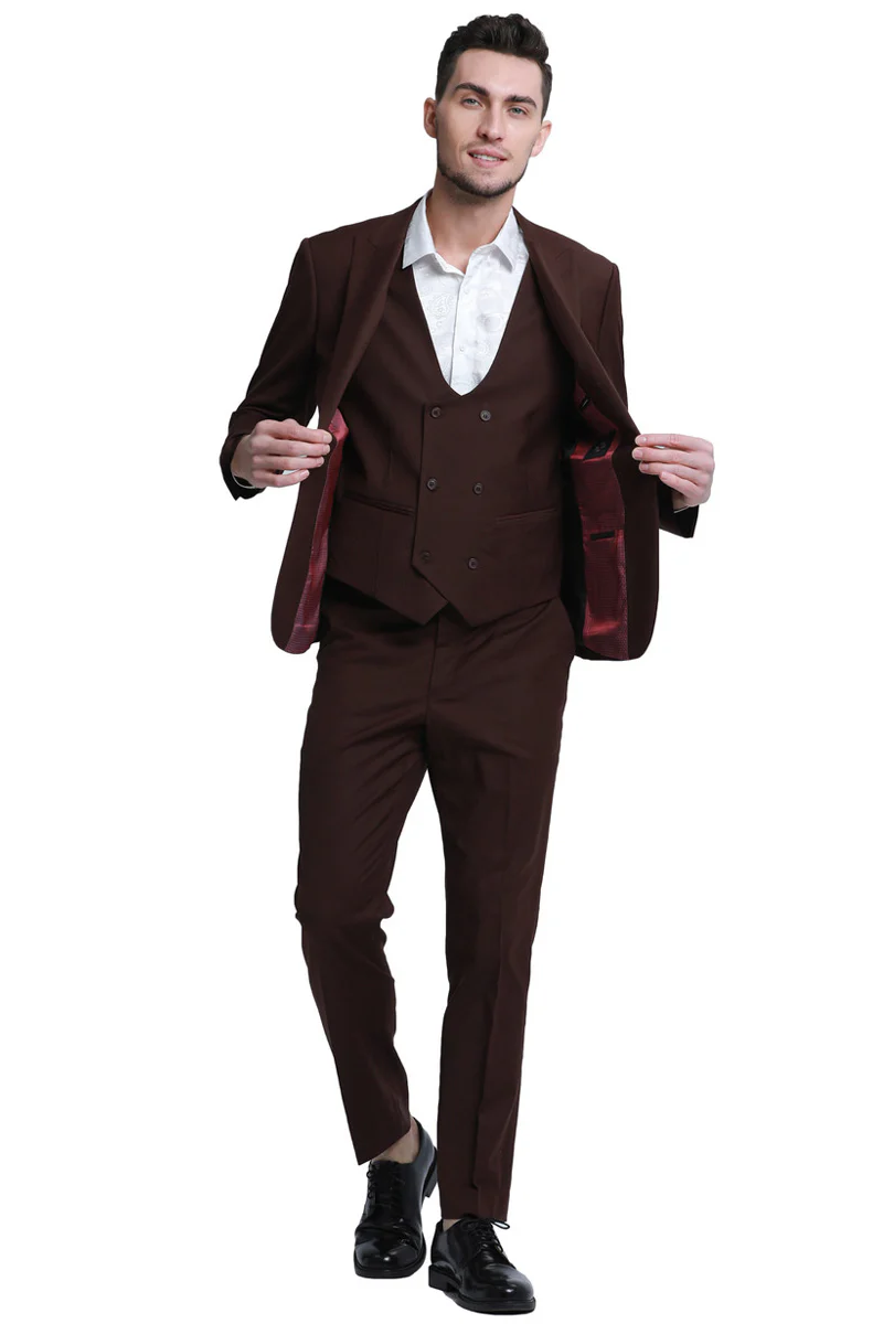 Men's Slim Fit One Button Peak Lapel Low Cut Double Breasted Vest Wedding Suit in Brown - Image 2