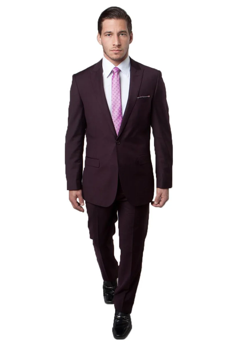 Men's Slim Fit One Button Peak Lapel Suit in Eggplant Plum - Image 2