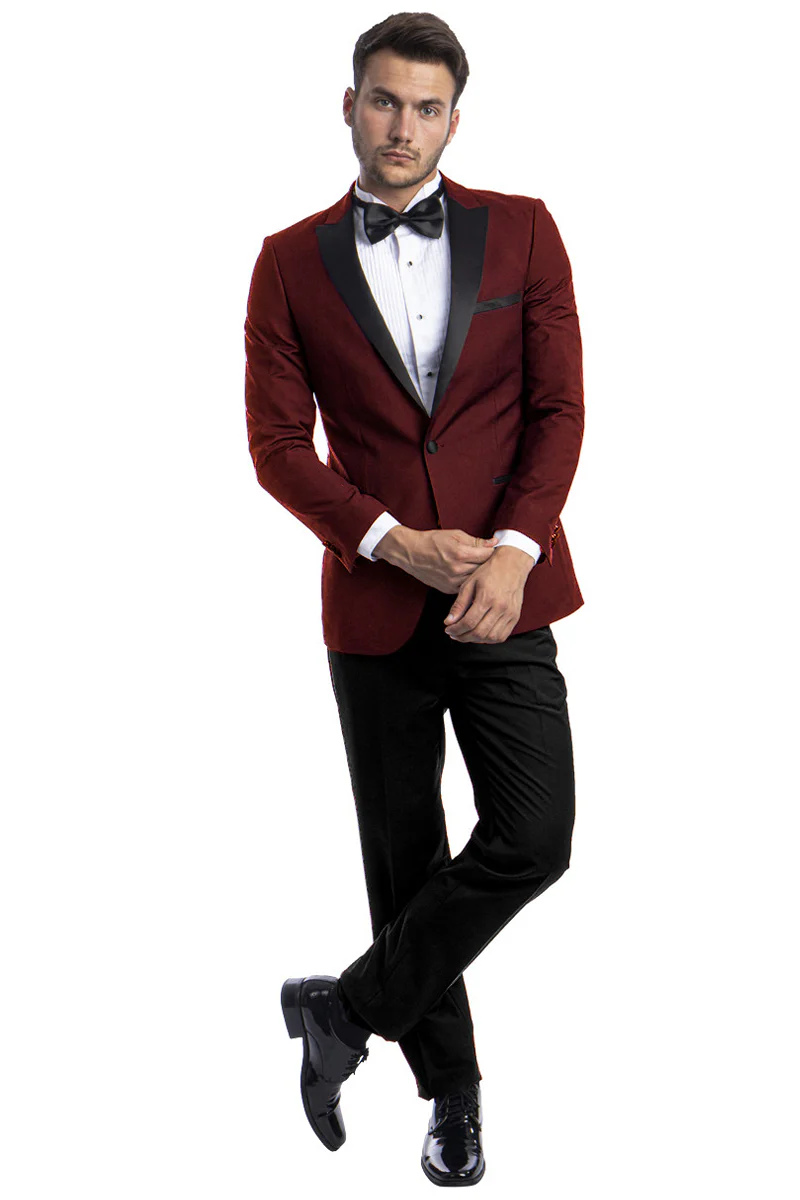 Men's Slim Fit One Button Peak Lapel Wedding Tuxedo in Burgundy - Image 2