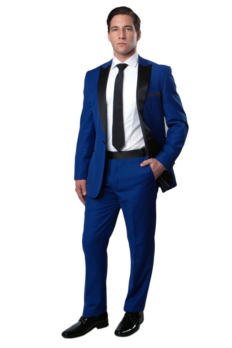 Men's Slim Fit One Button Peak Lapel Wedding Tuxedo in Royal Blue - Image 2