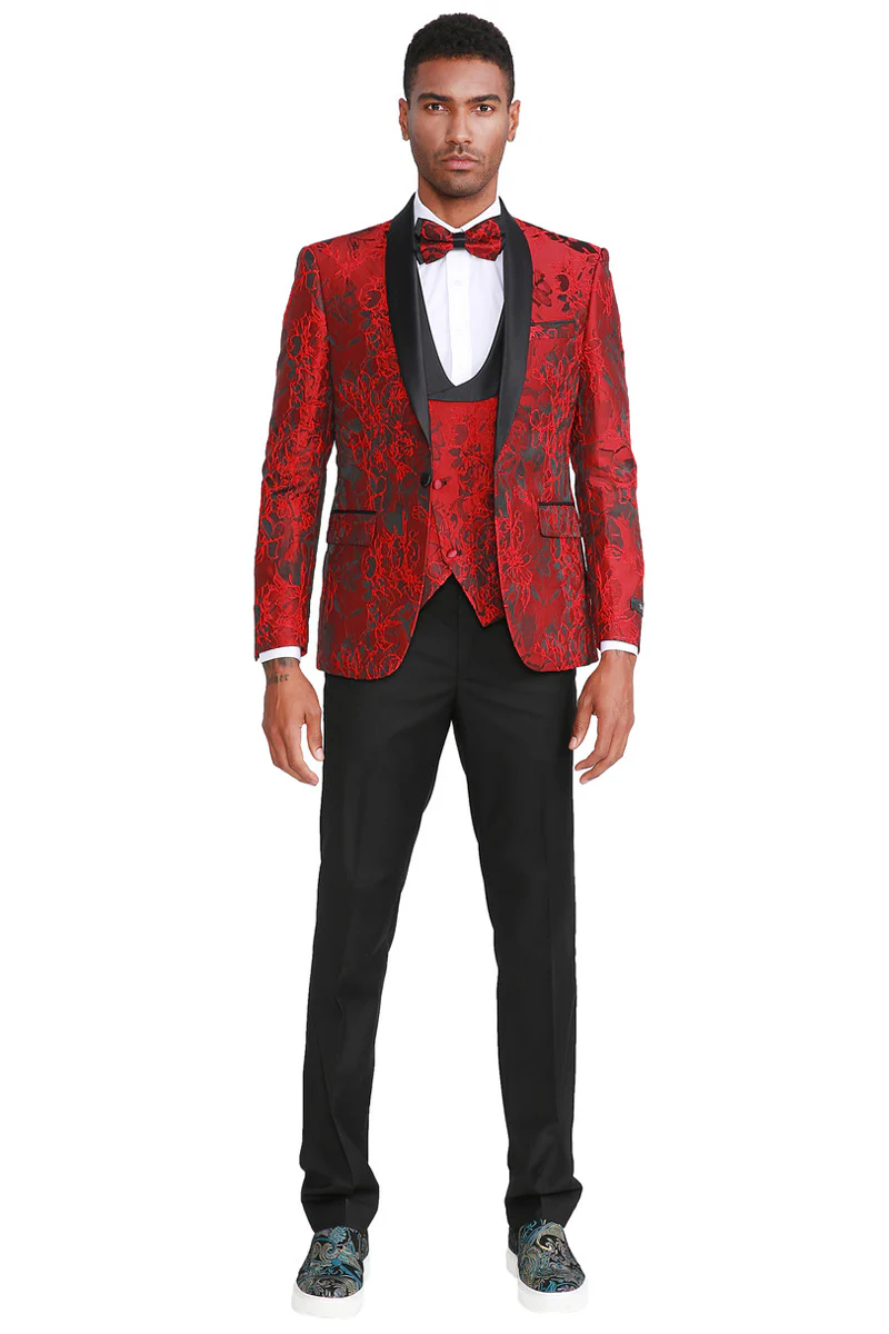 Men's Slim Fit One Button Vested Paisley Shawl Lapel Prom Tuxedo in Red - Image 2