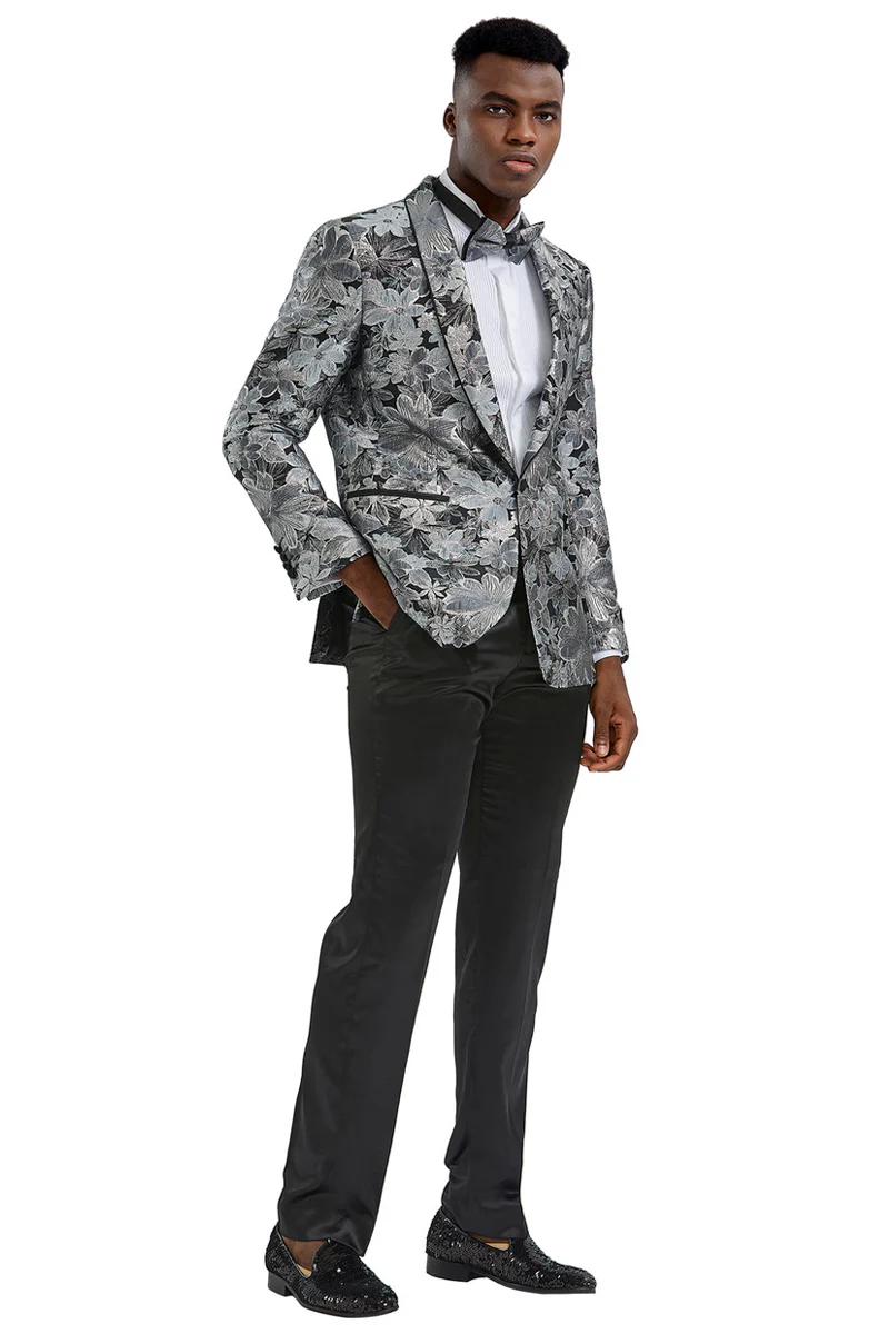 Men's Slim Fit Paisley Prom Tuxedo Jacket in Charcoal & Silver Grey - Image 2