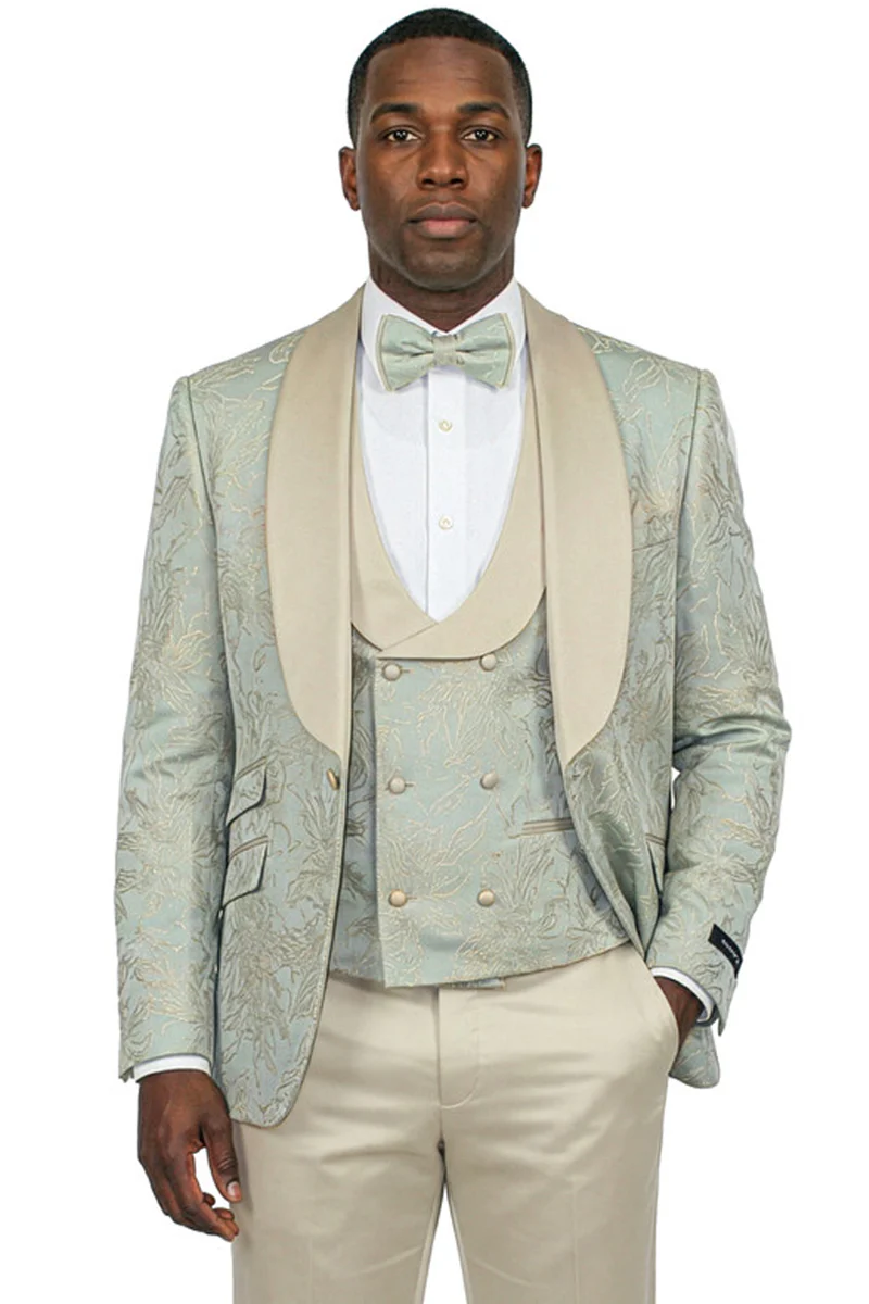 Men's Slim Fit Satin Paisley Wedding & Prom Tuxedo in Seafoam Green