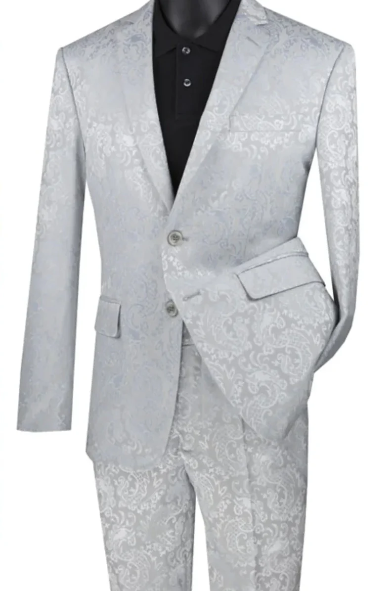 Men's Slim Fit Shiny Paisley Prom & Wedding Suit in Silver Grey