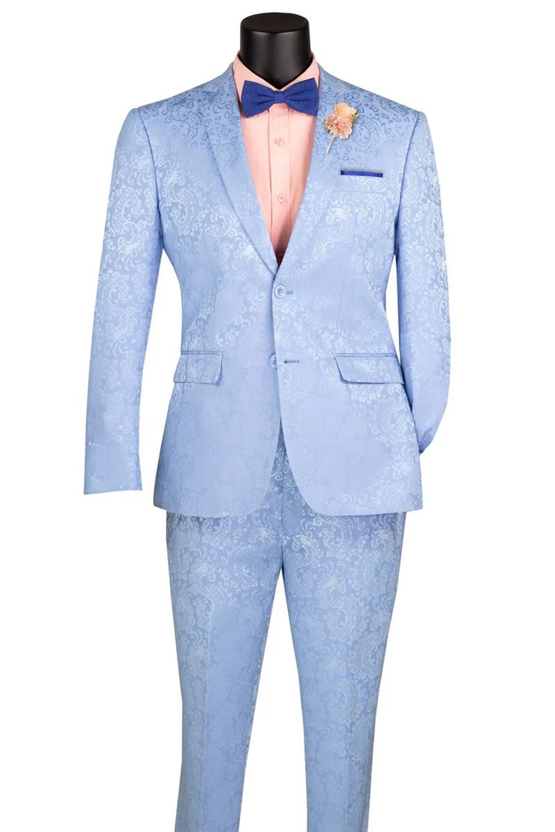 Men's Slim Fit Shiny Paisley Prom & Wedding Suit in Light Blue - Image 2