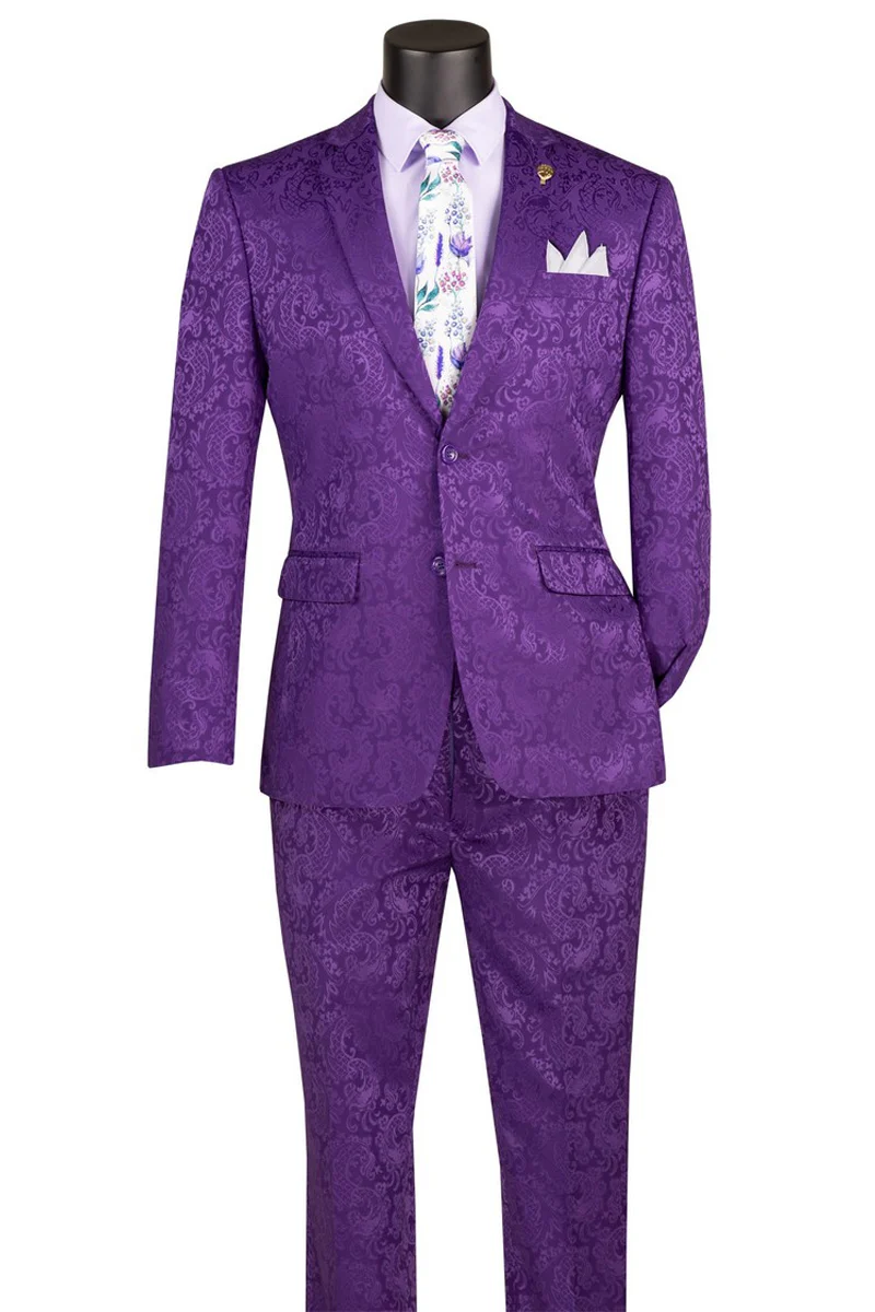 Men's Slim Fit Shiny Paisley Prom & Wedding Suit in Purple - Image 2