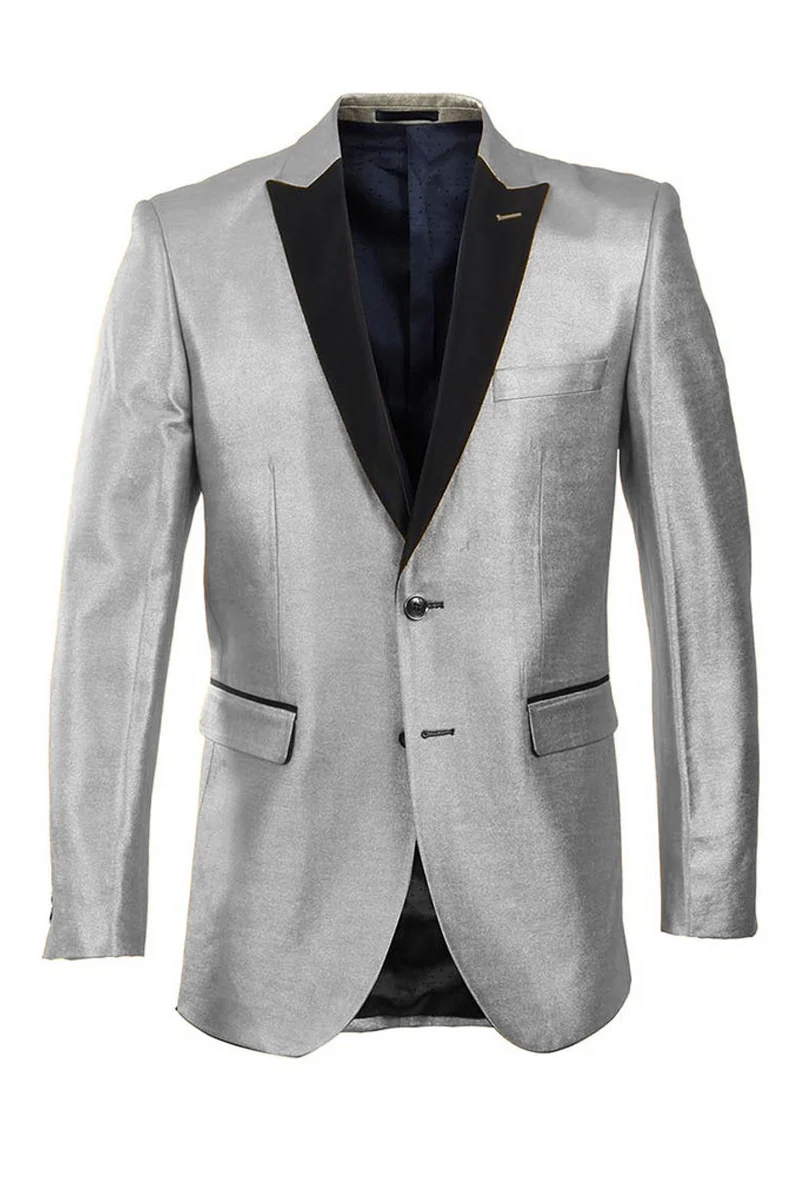 Men's Slim Fit Shiny Satin Tuxedo Blazer in Silver & Black