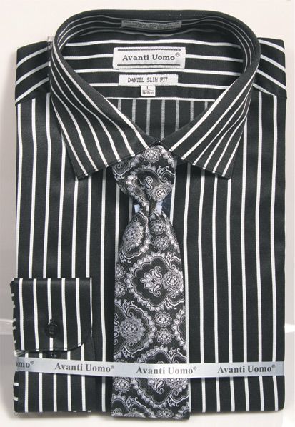 Men's Slim Fit Spread Collar Dress Shirt & Tie Set in Bold Black & Silver Gangster Pinstripe