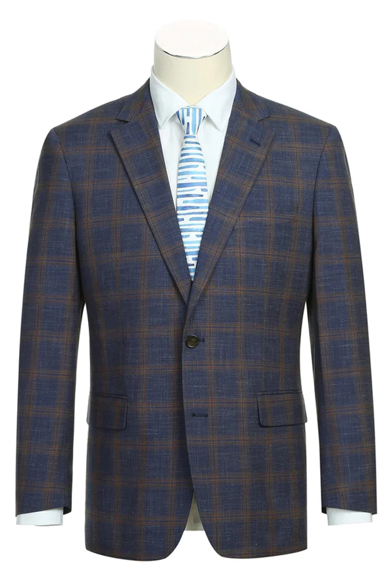 Mens Two Button Sport Coat Blazer in Navy Blue & Gold Windowpane Plaid