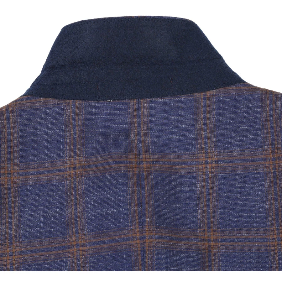 Mens Two Button Sport Coat Blazer in Navy Blue & Gold Windowpane Plaid - Image 4