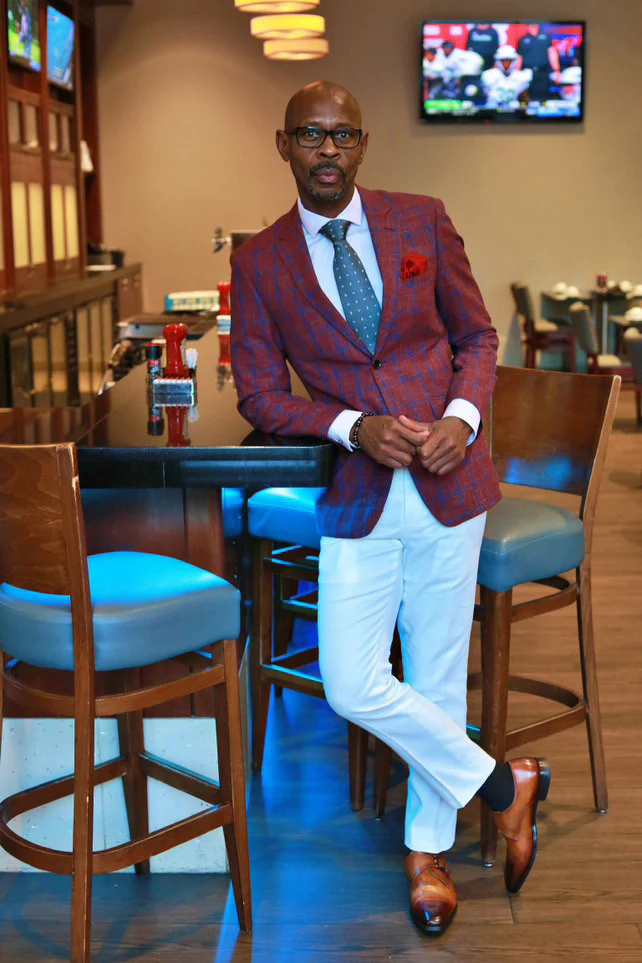Mens Slim Fit Two Button Wool Sport Coat Blazer in Burgundy & Blue Windowpane Plaid - Image 6