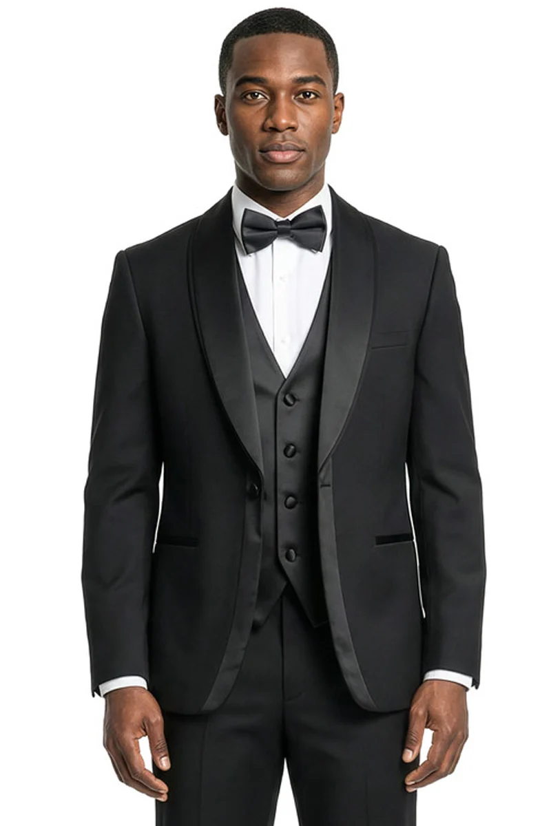 Men's Slim Fit Vested Satin Trim Shawl Lapel Wedding & Prom Tuxedo in Black