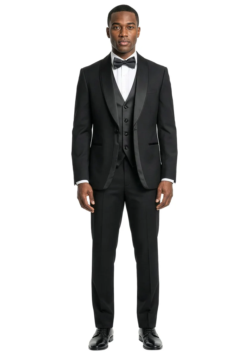 Men's Slim Fit Vested Satin Trim Shawl Lapel Wedding & Prom Tuxedo in Black - Image 2
