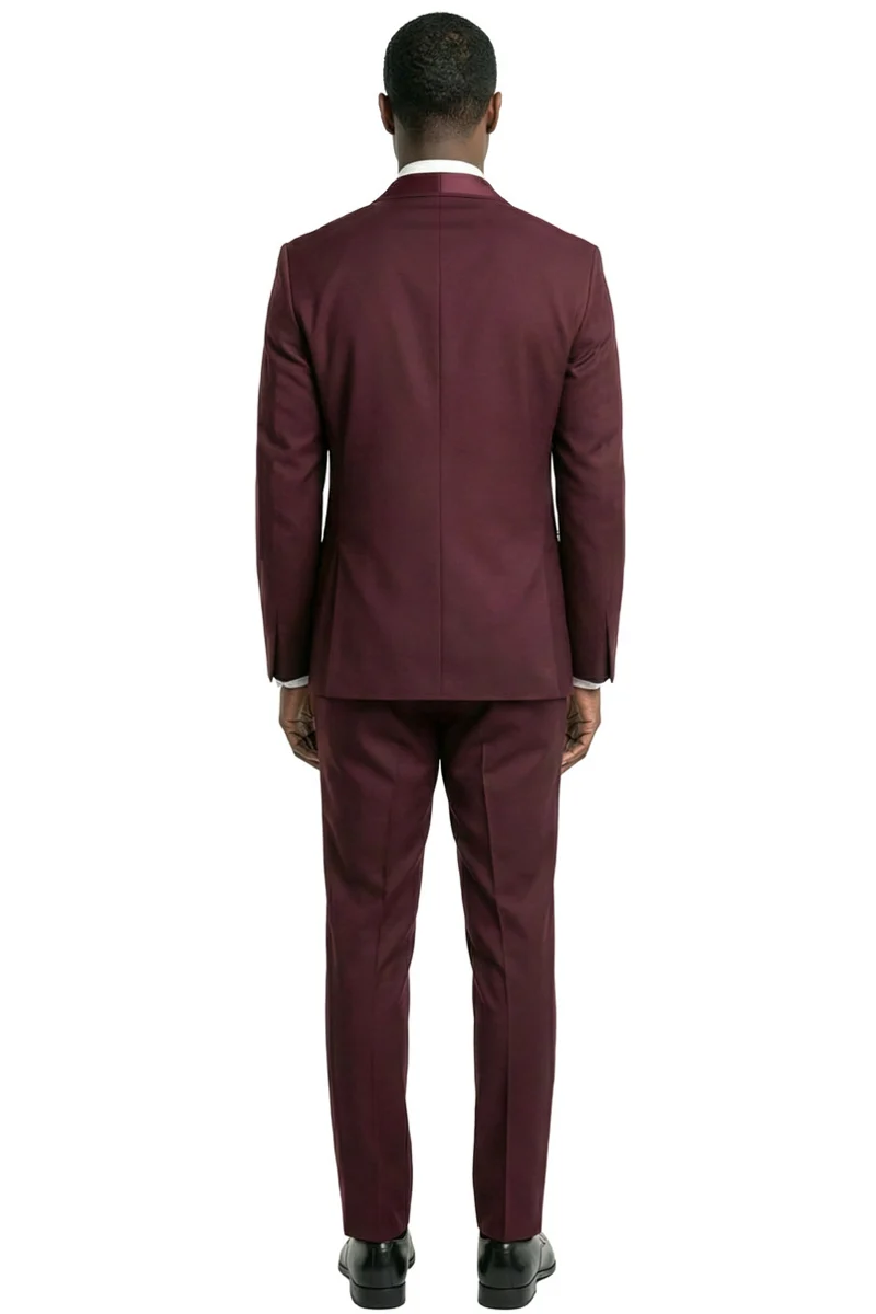 Men's Slim Fit Vested Satin Trim Shawl Lapel Wedding & Prom Tuxedo in Burgundy - Image 3