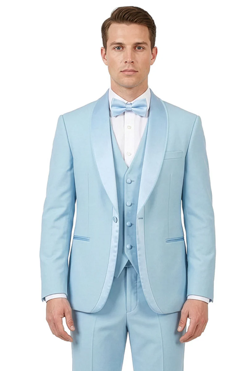 Men's Slim Fit Vested Satin Trim Shawl Lapel Wedding & Prom Tuxedo in Sky Blue