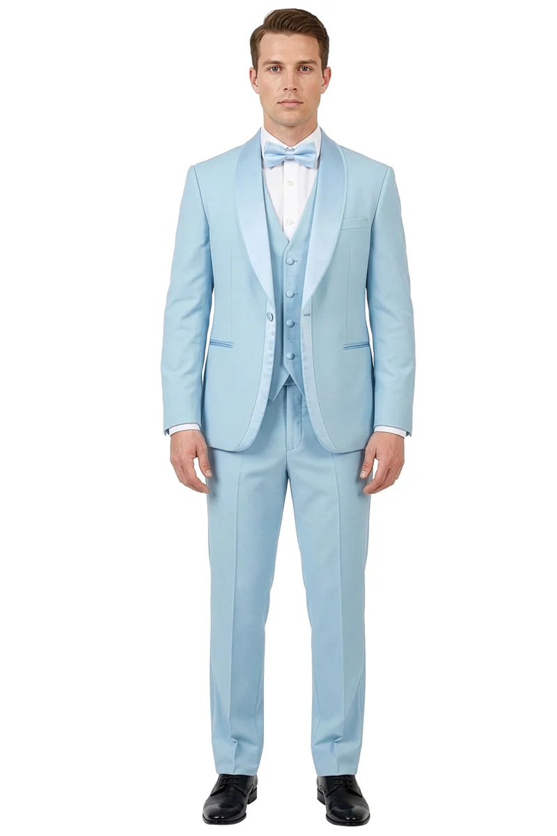 Men's Slim Fit Vested Satin Trim Shawl Lapel Wedding & Prom Tuxedo in Sky Blue - Image 2