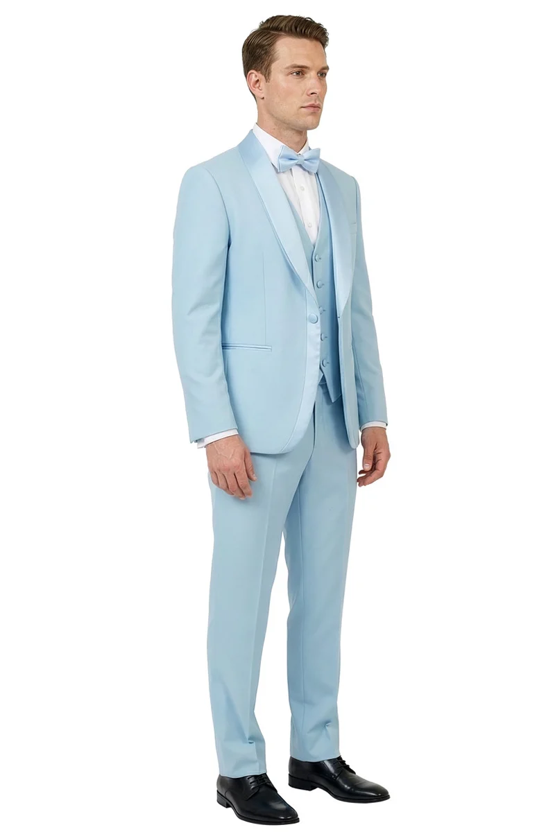 Men's Slim Fit Vested Satin Trim Shawl Lapel Wedding & Prom Tuxedo in Sky Blue - Image 3