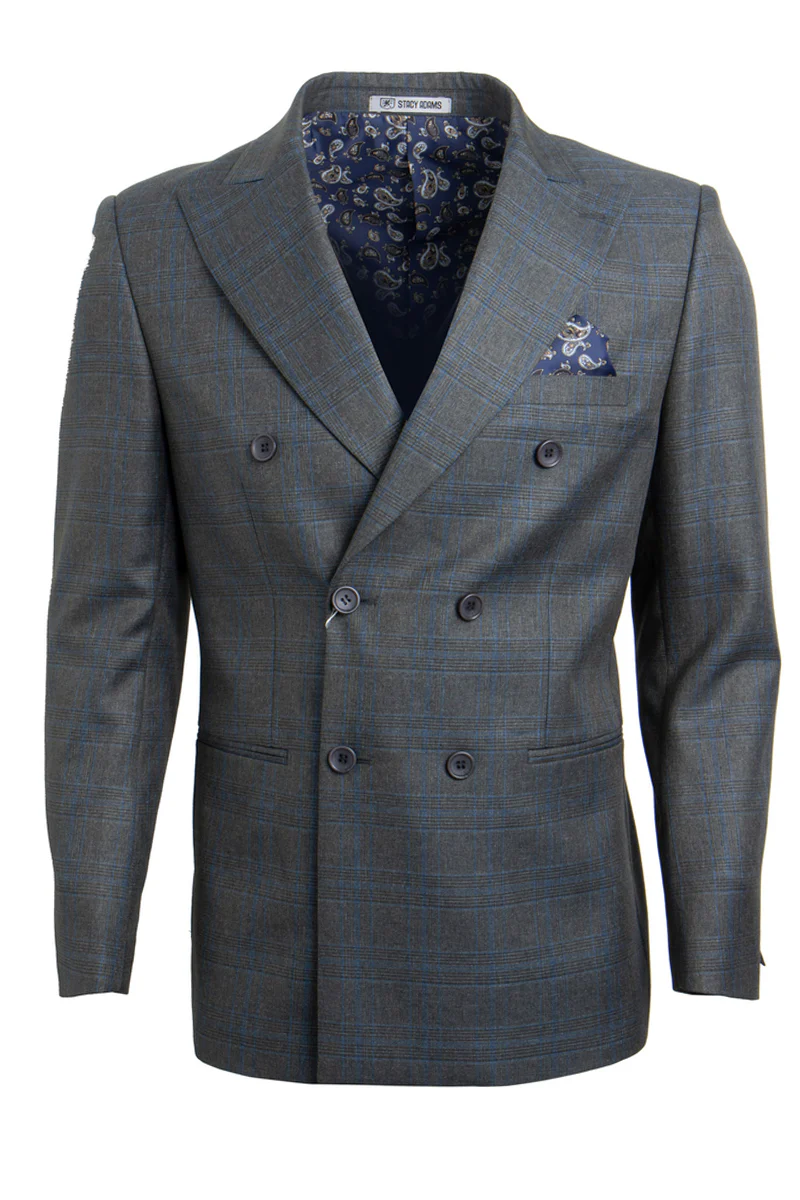 Men's Stacy Adams Double Breasted Suit in Charcoal Grey Windowpane Plaid - Image 2