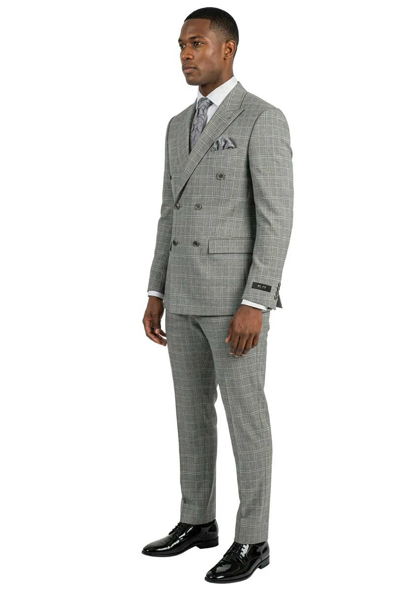Men's Stacy Adams Double Breasted Suit in Light Grey Windowpane Plaid - Image 2
