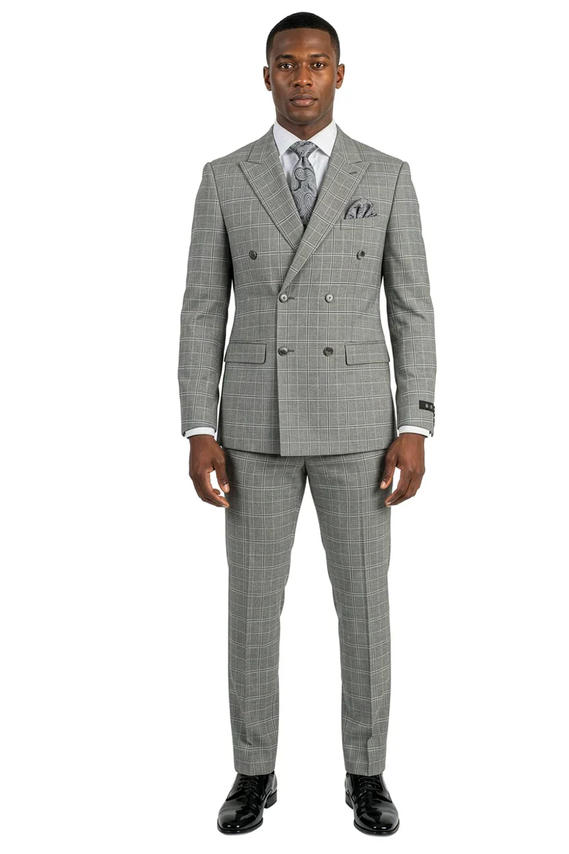 Men's Stacy Adams Double Breasted Suit in Light Grey Windowpane Plaid - Image 3