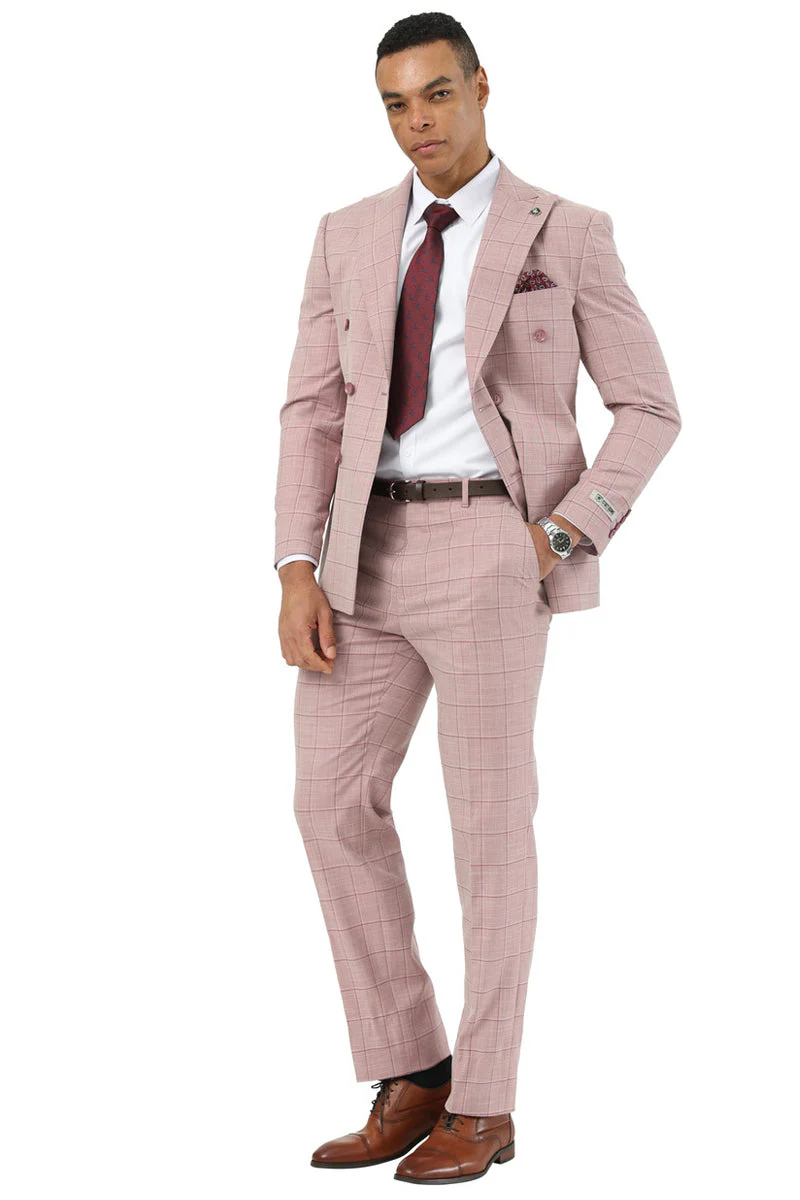 Men's Stacy Adams Double Breasted Summer Suit in Pink Windowpane Plaid - Image 3
