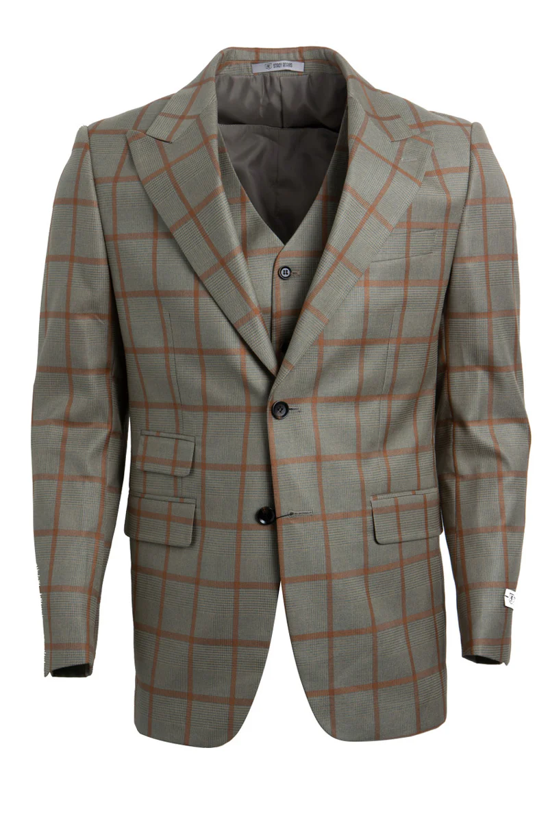 Men's Stacy Adams One Button Peak Lapel Vested Suit in Tan & Gold Windowpane Plaid - Image 2